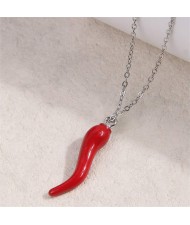 Red Chili Pepper Pendant Alloy Wholesale Women Fashion Costume Necklace - Silver