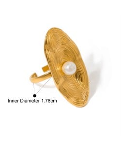 Pearl Decor Exaggerated Disc Design Fashion Wholesale Jewelry Women Stainless Steel Ring