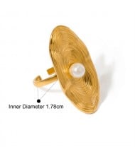 Pearl Decor Exaggerated Disc Design Fashion Wholesale Jewelry Women Stainless Steel Ring