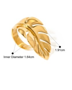 18K Gold Plated Leaf Design Bold Fashion Wholesale Jewelry Women Stainless Steel Ring