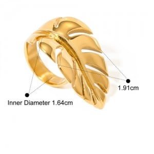 18K Gold Plated Leaf Design Bold Fashion Wholesale Jewelry Women Stainless Steel Ring