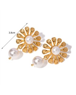 Sun Flower Pearl Pendant Design Jewelry Women Stainless Steel Wholesale Earrings