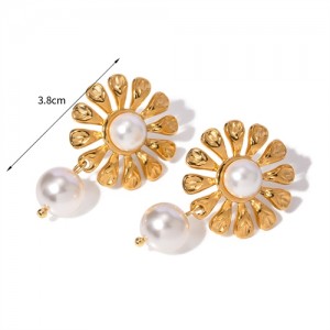 Sun Flower Pearl Pendant Design Jewelry Women Stainless Steel Wholesale Earrings