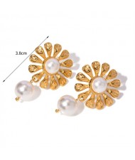 Sun Flower Pearl Pendant Design Jewelry Women Stainless Steel Wholesale Earrings