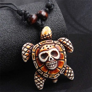Vintage Acrylic Skull Turtle Pendant Rope Necklace