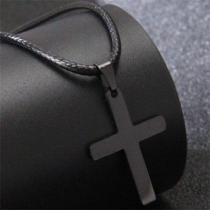 Hiphop Fashion Stainless Steel Cross Pendant Rope Necklace - Black