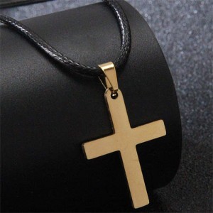 Hiphop Fashion Stainless Steel Cross Pendant Rope Necklace - Golden