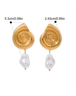 Whelk Design Pearl Pendant 18K Gold Plated Jewelry Women Stainless Steel Wholesale Earrings