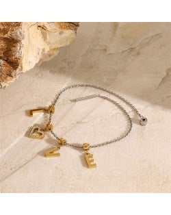 Silver Chain and Golden Love Pendant Design Women Fashion Stainless Steel Wholesale Bracelet