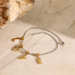 Silver Chain and Golden Love Pendant Design Women Fashion Stainless Steel Wholesale Bracelet