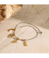 Silver Chain and Golden Love Pendant Design Women Fashion Stainless Steel Wholesale Bracelet