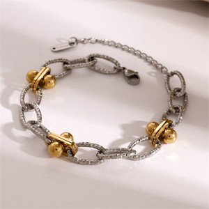 Golden Beads Decor Chain Two Tone Design Women Fashion Stainless Steel Wholesale Bracelet