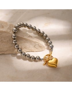 Silver Bead Chain Heart Pendant Two Tone Design Women Fashion Stainless Steel Wholesale Bracelet