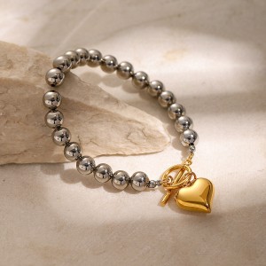 Silver Bead Chain Heart Pendant Two Tone Design Women Fashion Stainless Steel Wholesale Bracelet