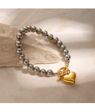 Silver Bead Chain Heart Pendant Two Tone Design Women Fashion Stainless Steel Wholesale Bracelet