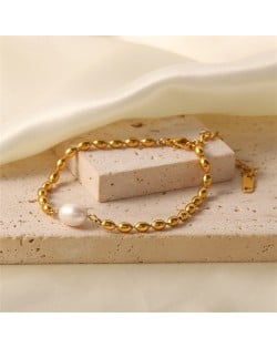 Elegant Pearl Oval Bead Chain Women Fashion Stainless Steel Wholesale Bracelet