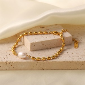 Elegant Pearl Oval Bead Chain Women Fashion Stainless Steel Wholesale Bracelet