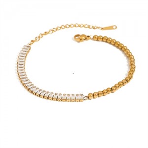 Square Cubic Zirconia with Golden Bead Chain Women Fashion Stainless Steel Wholesale Bracelet