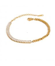 Square Cubic Zirconia with Golden Bead Chain Women Fashion Stainless Steel Wholesale Bracelet