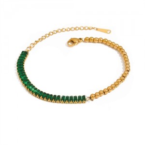 Green Cubic Zirconia with Golden Bead Chain Women Fashion Stainless Steel Wholesale Bracelet