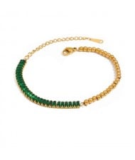 Green Cubic Zirconia with Golden Bead Chain Women Fashion Stainless Steel Wholesale Bracelet