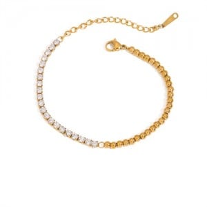 Single Row Cubic Zirconia Bead Chain Women Fashion Stainless Steel Wholesale Bracelet - Golden