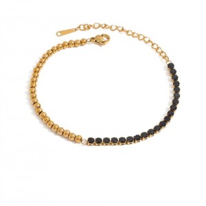Single Row Cubic Zirconia Bead Chain Women Fashion Stainless Steel Wholesale Bracelet - Black
