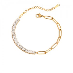 Rectangle Cubic Zirconia with Golden Chain Women Fashion Stainless Steel Wholesale Bracelet