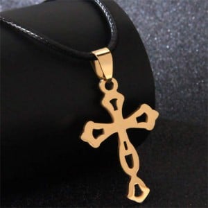 Hiphop Fashion Hollow Design Cross Rope Necklace - Golden