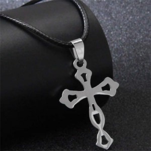 Hiphop Fashion Hollow Design Cross Rope Necklace - Silver