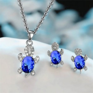 Shining Crystal Turtle Pendant Necklace and Earrings Wholesale Jewelry Set - Blue