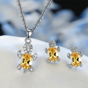 Shining Crystal Turtle Pendant Necklace and Earrings Wholesale Jewelry Set - Yellow