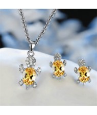 Shining Crystal Turtle Pendant Necklace and Earrings Wholesale Jewelry Set - Yellow