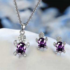 Shining Crystal Turtle Pendant Necklace and Earrings Wholesale Jewelry Set - Purple