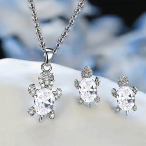 Shining Crystal Turtle Pendant Necklace and Earrings Wholesale Jewelry Set - White