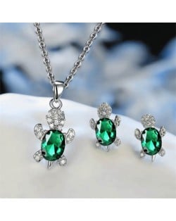 Shining Crystal Turtle Pendant Necklace and Earrings Wholesale Jewelry Set - Green