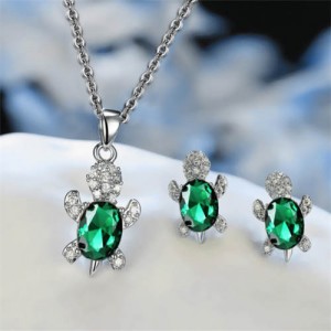Shining Crystal Turtle Pendant Necklace and Earrings Wholesale Jewelry Set - Green