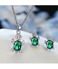 Shining Crystal Turtle Pendant Necklace and Earrings Wholesale Jewelry Set - Green