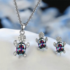 Shining Crystal Turtle Pendant Necklace and Earrings Wholesale Jewelry Set - Colorful