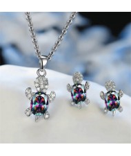 Shining Crystal Turtle Pendant Necklace and Earrings Wholesale Jewelry Set - Colorful