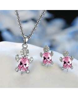 Shining Crystal Turtle Pendant Necklace and Earrings Wholesale Jewelry Set - Pink