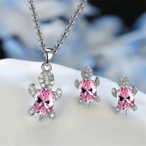 Shining Crystal Turtle Pendant Necklace and Earrings Wholesale Jewelry Set - Pink