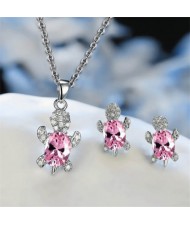 Shining Crystal Turtle Pendant Necklace and Earrings Wholesale Jewelry Set - Pink