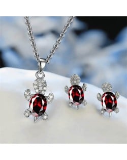 Shining Crystal Turtle Pendant Necklace and Earrings Wholesale Jewelry Set - Red