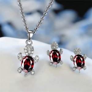 Shining Crystal Turtle Pendant Necklace and Earrings Wholesale Jewelry Set - Red