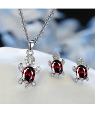 Shining Crystal Turtle Pendant Necklace and Earrings Wholesale Jewelry Set - Red