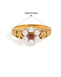 Elegant Pearl Flower Design 18K Gold Plated Jewelry Women Stainless Steel Wholesale Ring