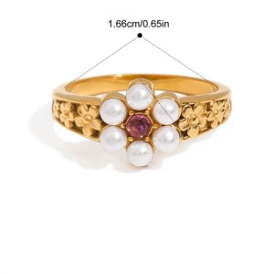 Elegant Pearl Flower Design 18K Gold Plated Jewelry Women Stainless Steel Wholesale Ring