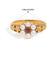 Elegant Pearl Flower Design 18K Gold Plated Jewelry Women Stainless Steel Wholesale Ring