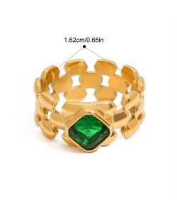 Square Green Stone 18K Gold Plated Jewelry Women Stainless Steel Wholesale Ring